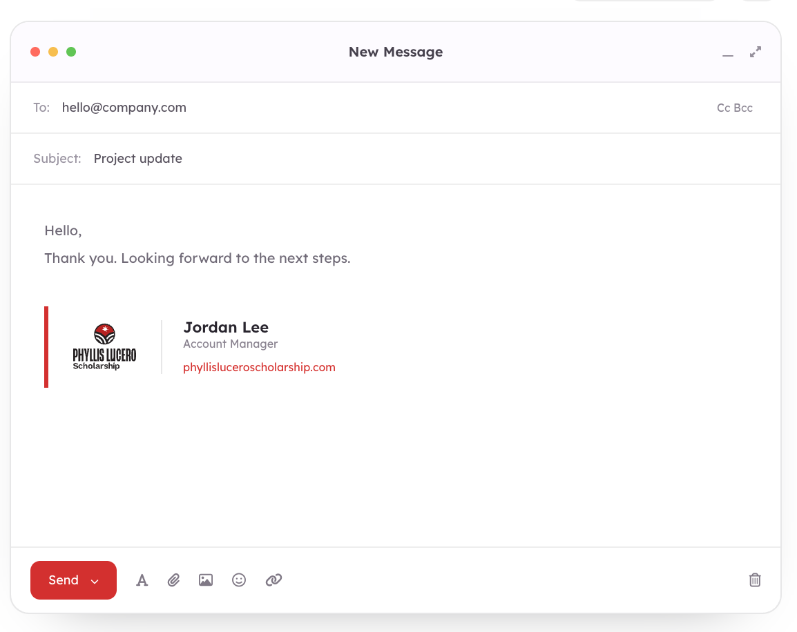 Professional email composition window showing a project update message with a corporate email signature for Jordan Lee, Account Manager.