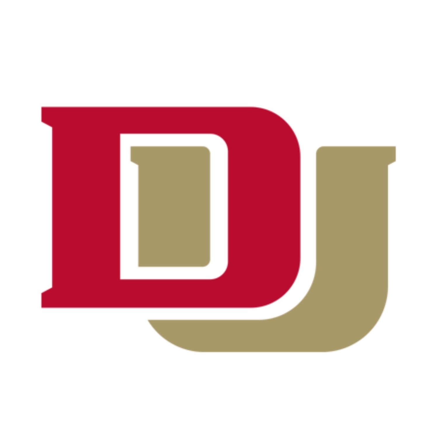 University of Denver DU interlocking logo in crimson red and gold colors.