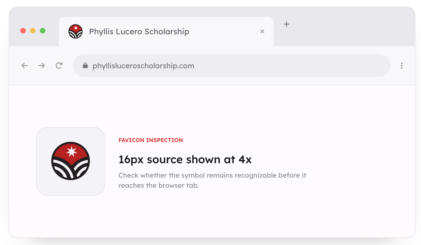 Favicon inspection tool showing 16px source at 4x for Phyllis Lucero Scholarship website favicon check.