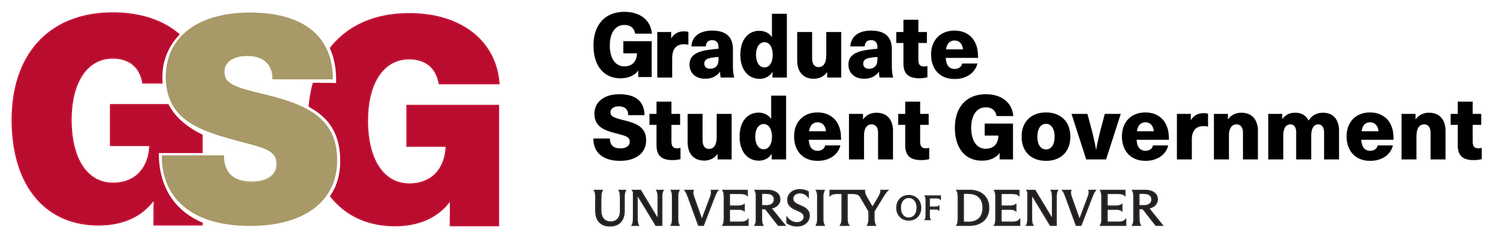 Red and white Graduate Student Government University of Denver logo with text on a white background.
