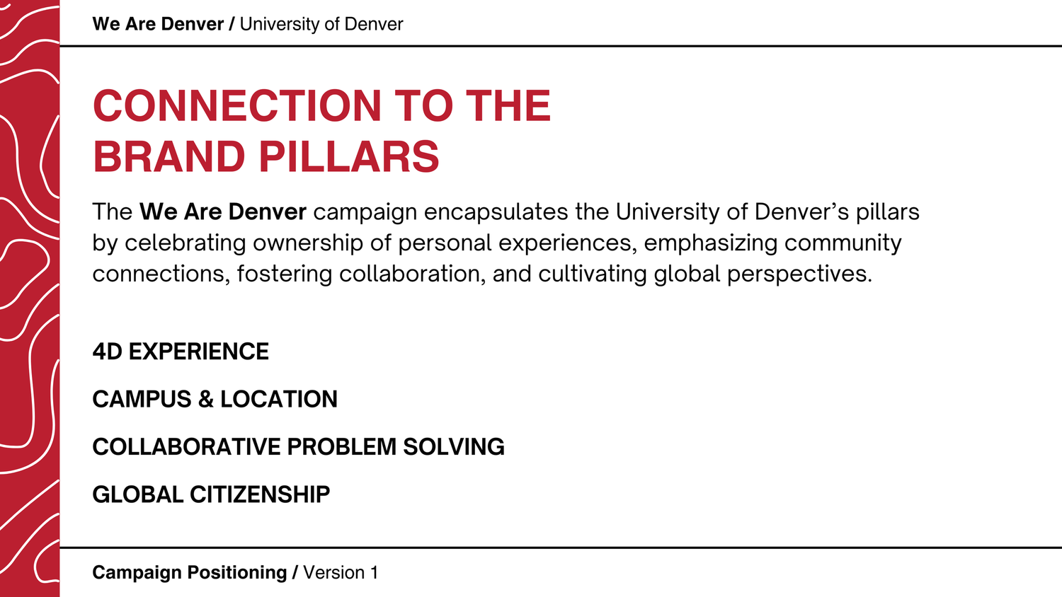 A red and white university branding document showing sections for brand pillars and experience.