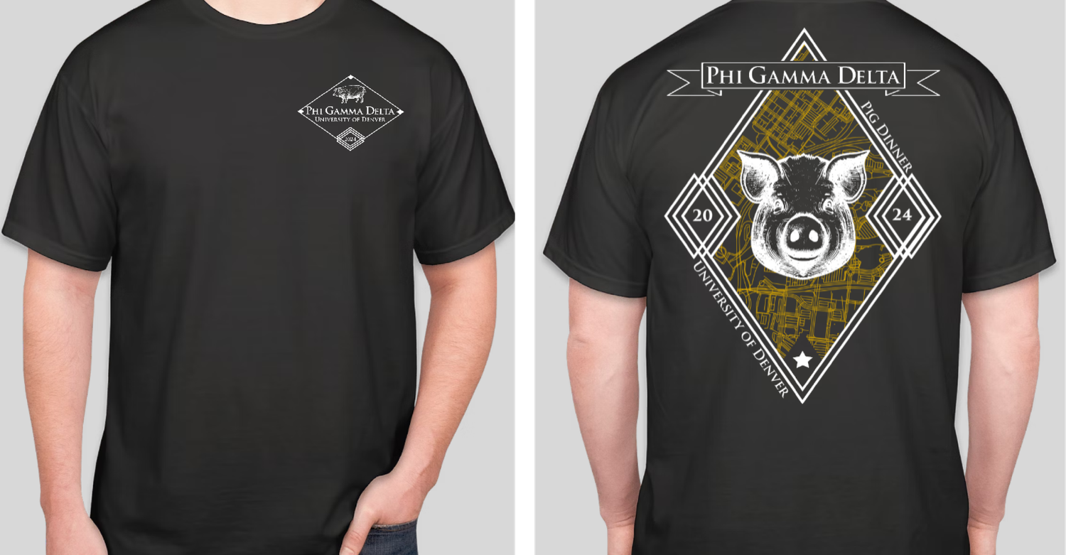 Collection of black t-shirt designs with geometric fraternity insignia and emblems.