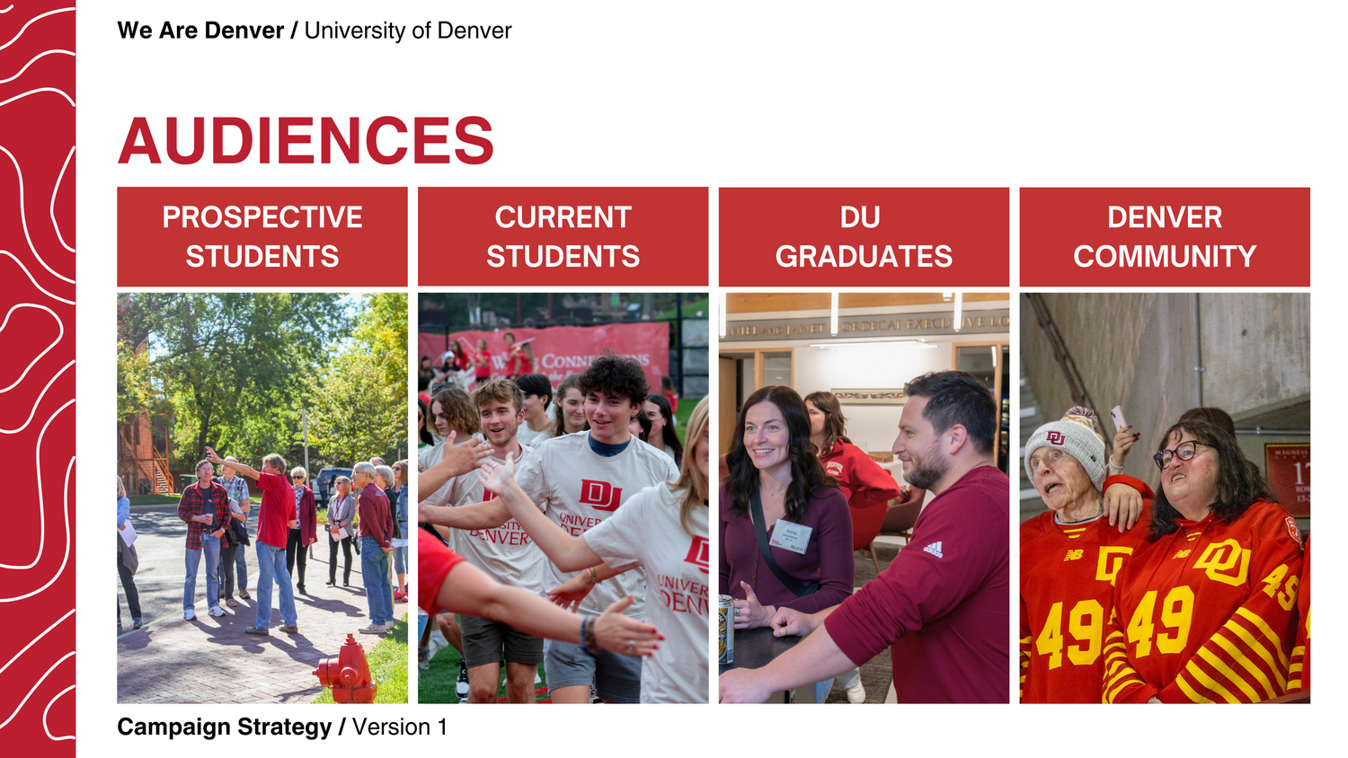 University of Denver audiences section showing four groups: prospective students, current students, graduates, and community.
