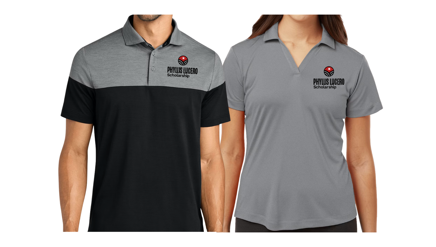 Man and woman wearing custom logo polo shirts in black/gray and gray colorways, ideal for branded corporate uniforms.