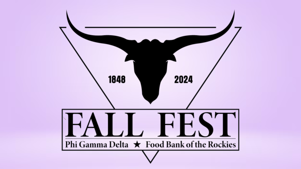 Black bull skull logo design for Fall Fest 2024 event by Phi Gamma Delta and Food Bank of the Rockies on purple background.
