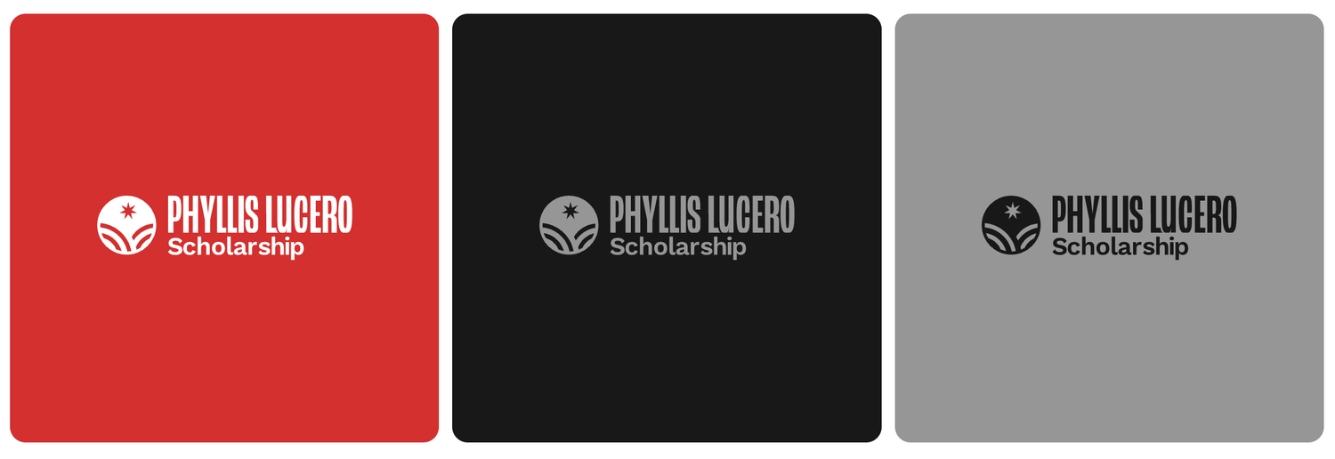 Three versions of the Phyllis Lucero Scholarship logo displayed on red, black, and gray backgrounds.