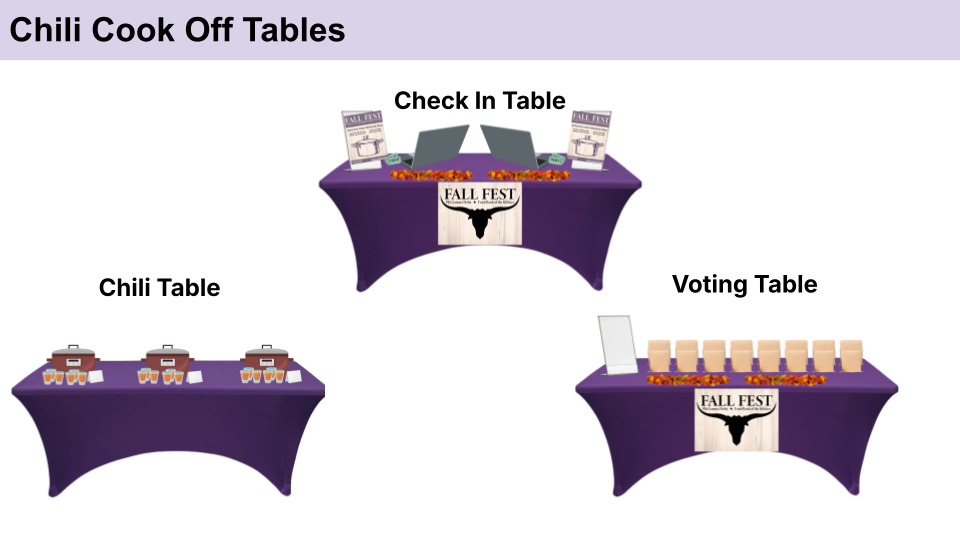 A row of purple spandex-covered tables displaying different stations for a chili cook-off competition.
