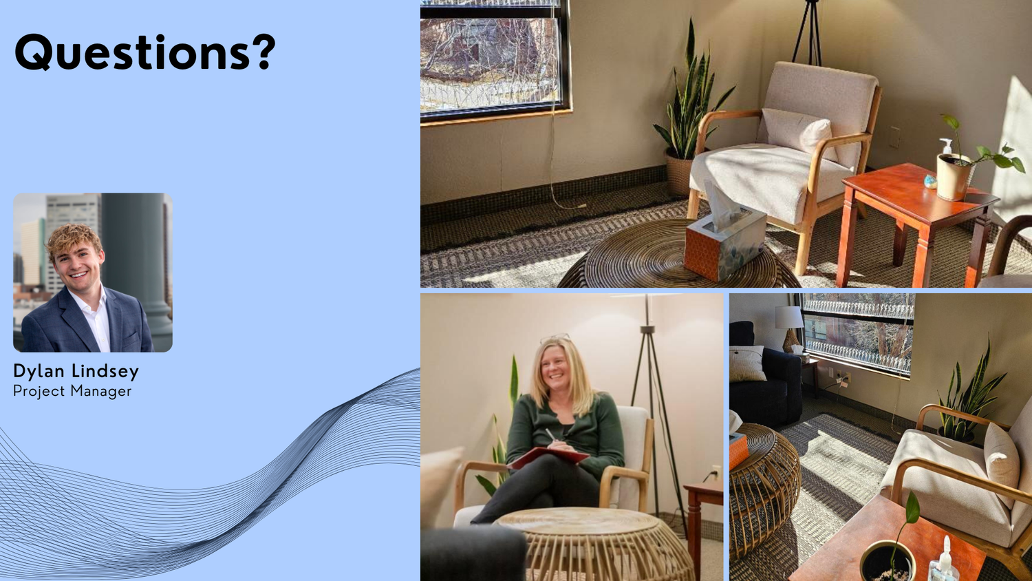 Contact page layout featuring office interior photos and questions section with modern design elements.