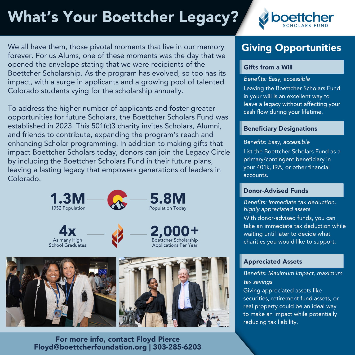 Boettcher Legacy informational banner showing scholarship and giving opportunities with impact statistics.