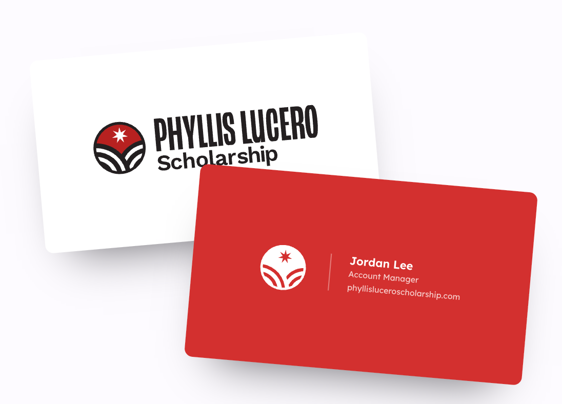 Phyllis Lucero Scholarship branded business cards featuring red and white design with logo for Jordan Lee, Account Manager.