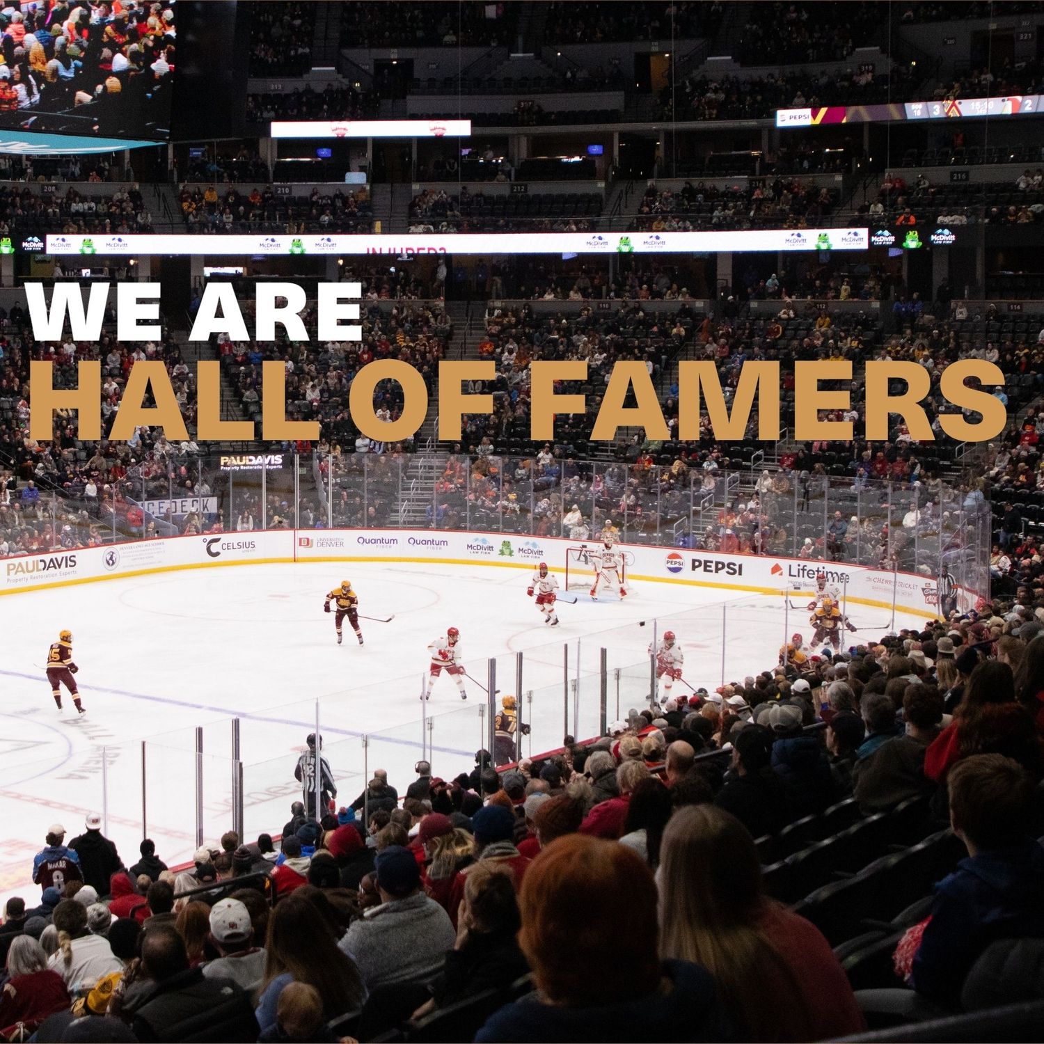 Hockey arena view with text overlay reading We Are Hall of Famers during an NHL game with fans in stands.