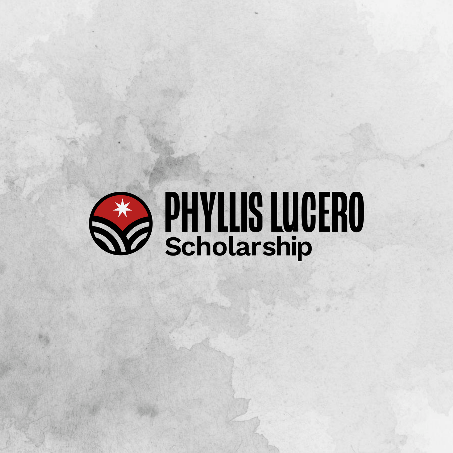 Logo for the Phyllis Lucero Scholarship featuring a red and black circular emblem with a star on a textured gray background.