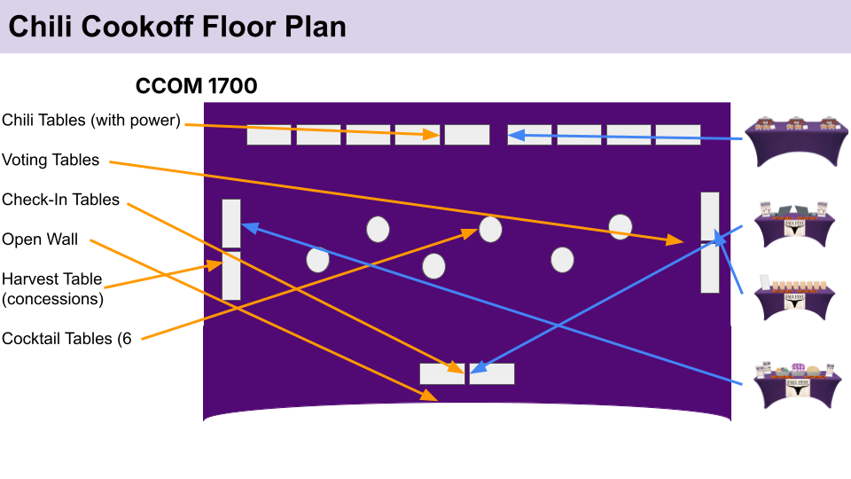 A purple and white floor plan layout diagram showing table arrangements for a chili cookoff event.
