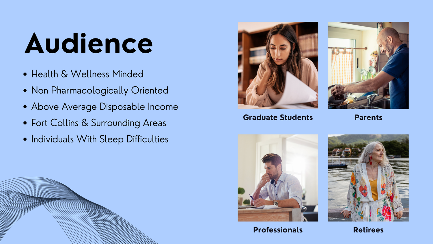 Marketing slide showing target audience segments for wellness and therapy services.