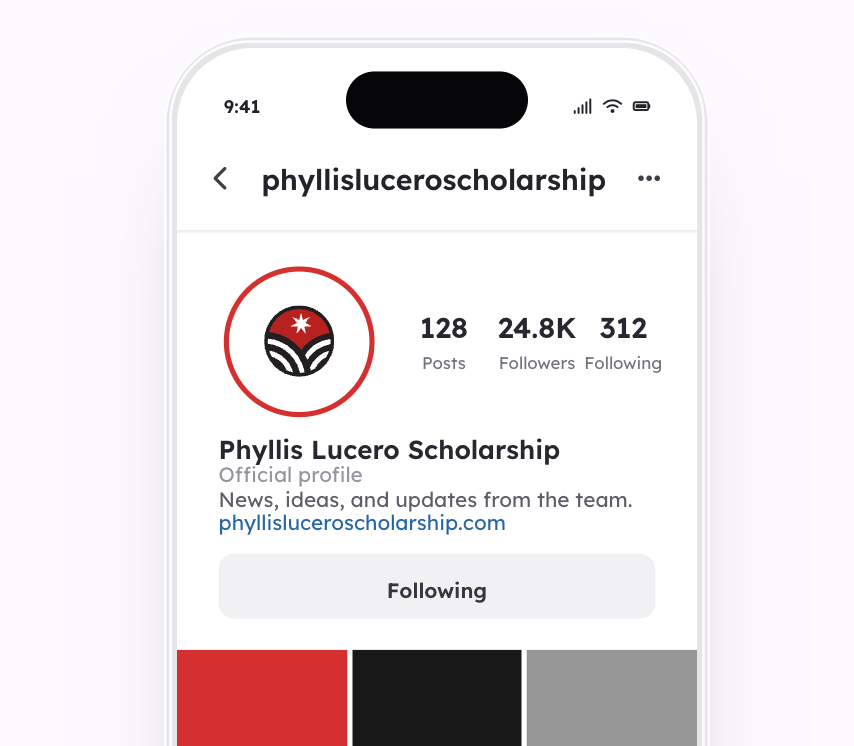 Phyllis Lucero Scholarship official Instagram profile page showing 128 posts, 24.8K followers, and 312 following.