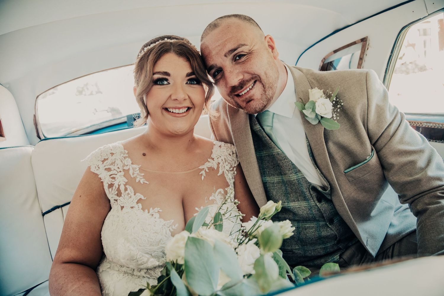 Candid wedding moments captured inside and around a vehicle.