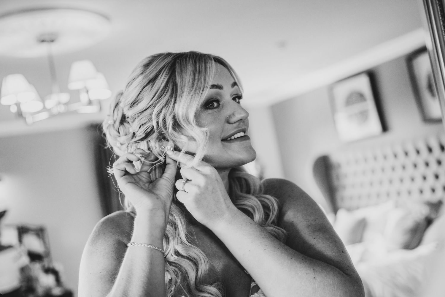 Series of candid getting ready moments in bright natural window light.