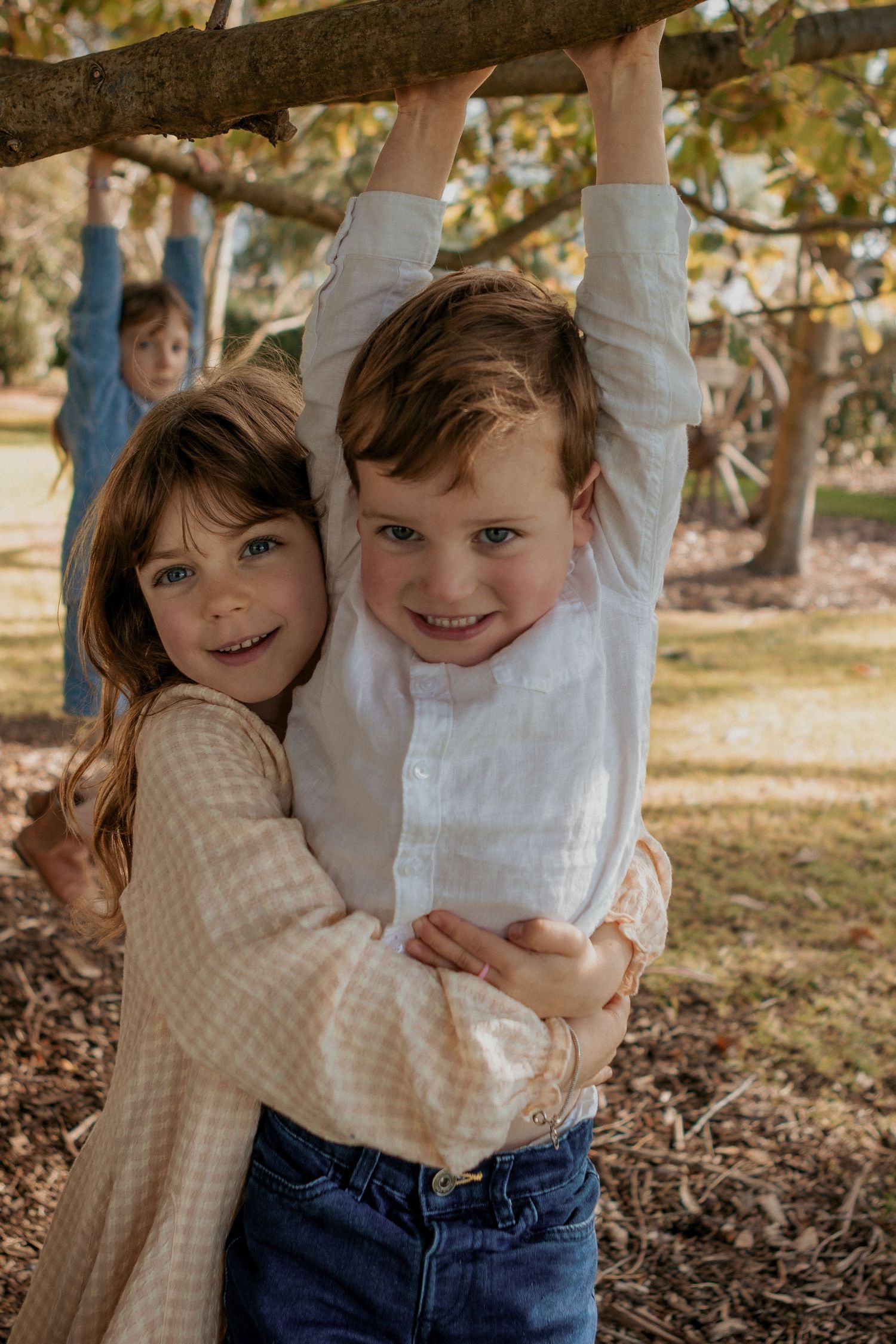 Two young siblings hugging and smiling while playing on a tree branch in a sunny park.
