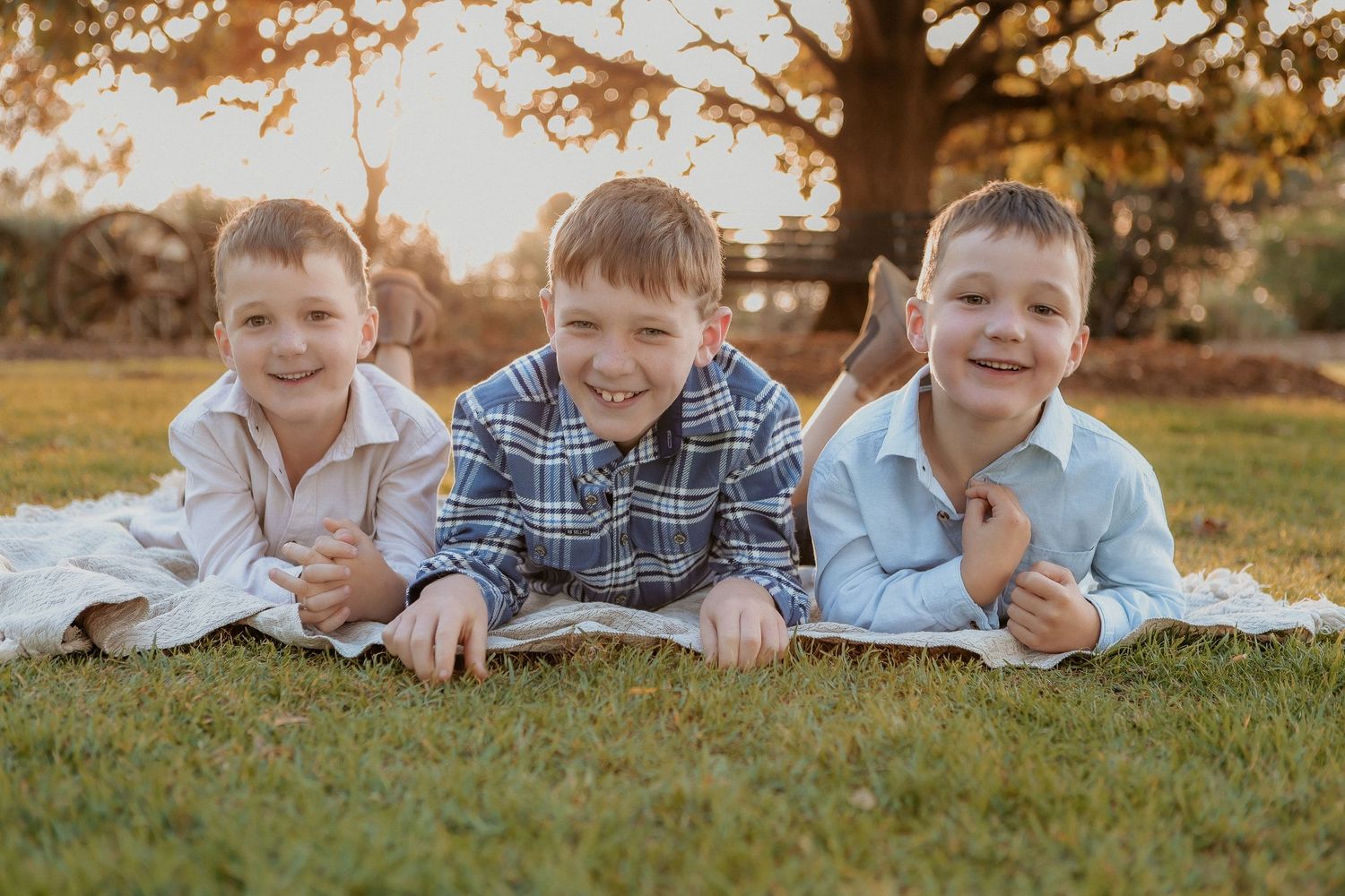 Three smiling brothers lie on a white blanket on grass in warm golden hour sunlight.
