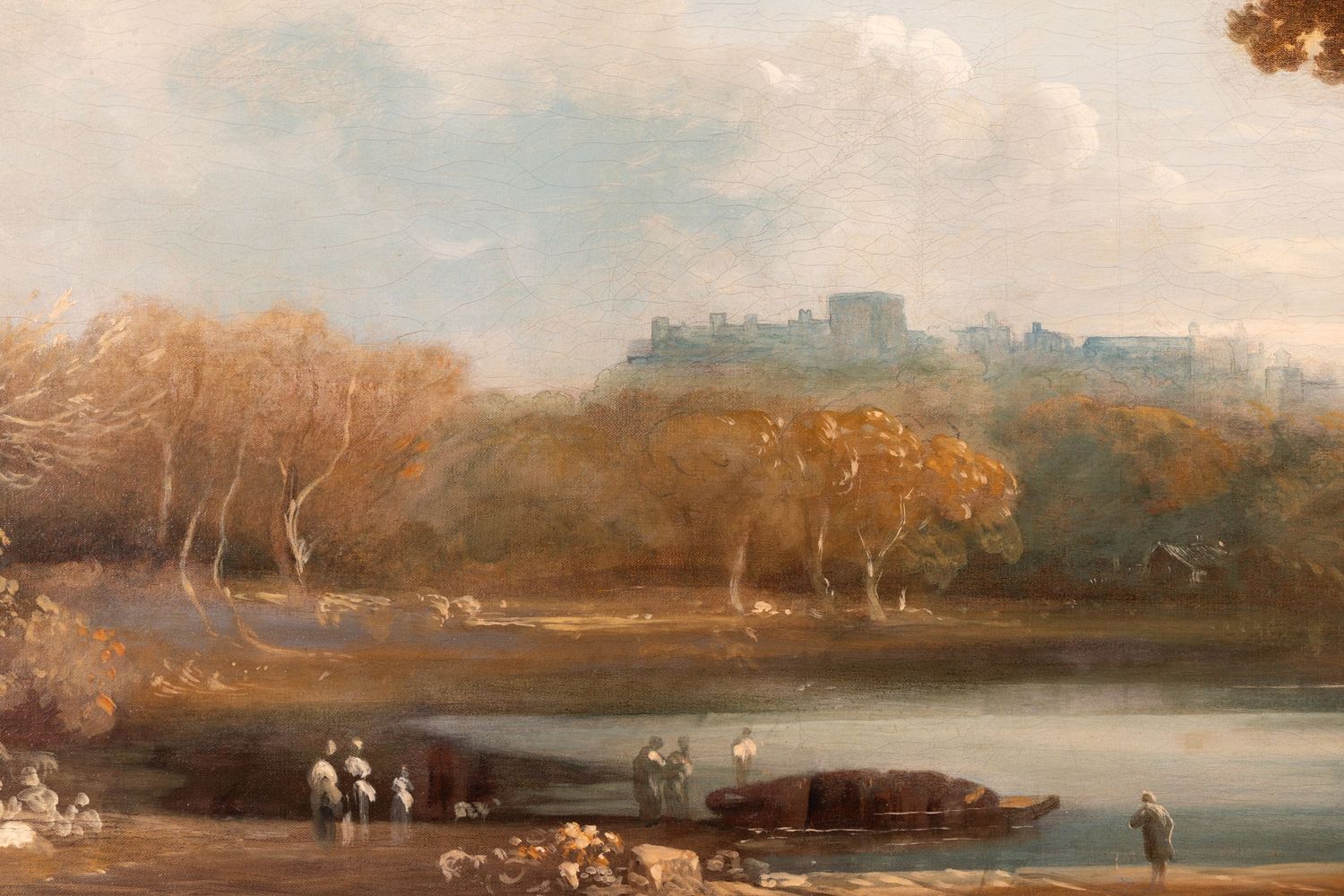 Pastoral landscape painting with a distant castle on a hill and figures by a riverbank.