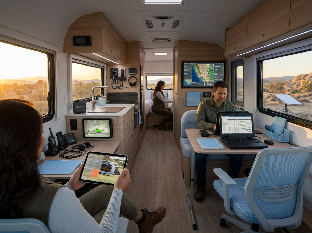 Modern RV interior with professionals working on laptops and tablets, featuring wood accents and panoramic desert views.