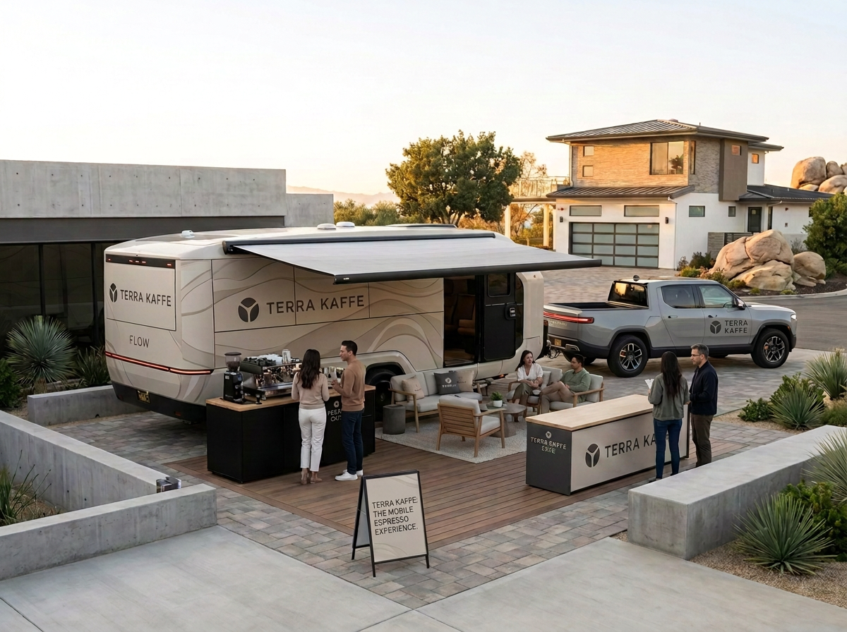 Tesla Kaffe mobile coffee trailer setup outdoors with seating area, truck, and staff at a modern venue.