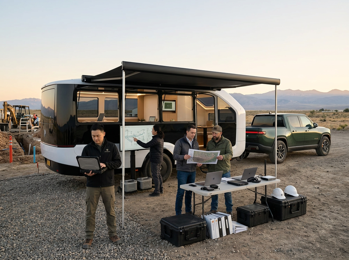 People gathered outside a modern camper trailer with awning in desert landscape, parked next to a dark green pickup truck.