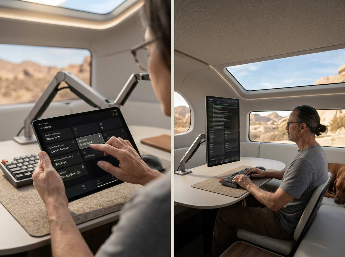 Person working at a modern mobile office setup inside an RV with dual monitors and desert landscape views through windows.