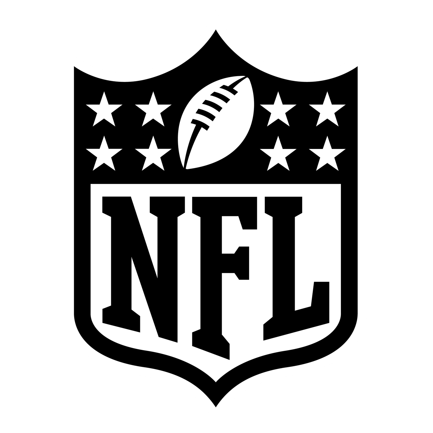 Official NFL shield logo in black and white featuring a football and eight stars.