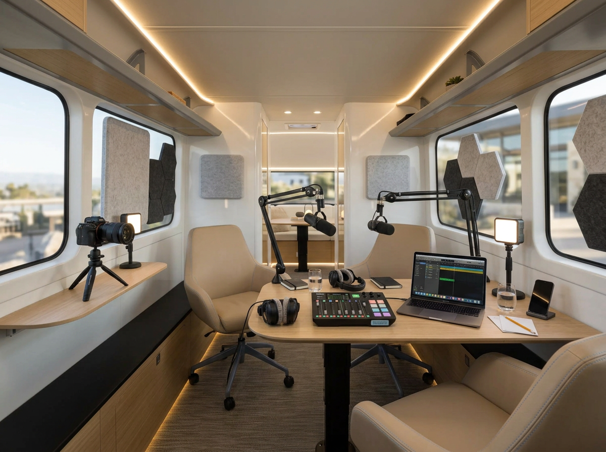 Modern mobile podcast studio interior in a train car with desk, microphones, laptop, and audio equipment.
