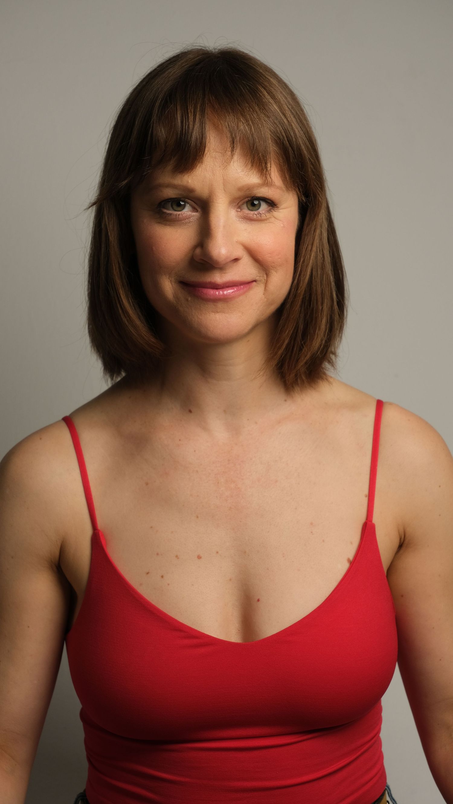Studio portrait showing a person with shoulder-length brown hair wearing a red tank top.
