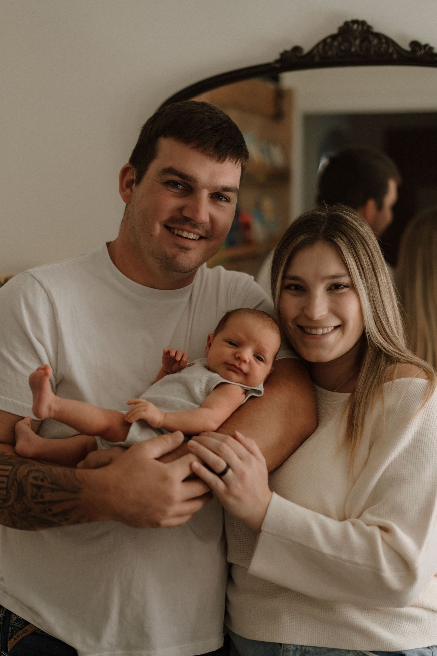 A heartwarming series of candid family moments captured in warm tones showing playful interactions and genuine smiles.
