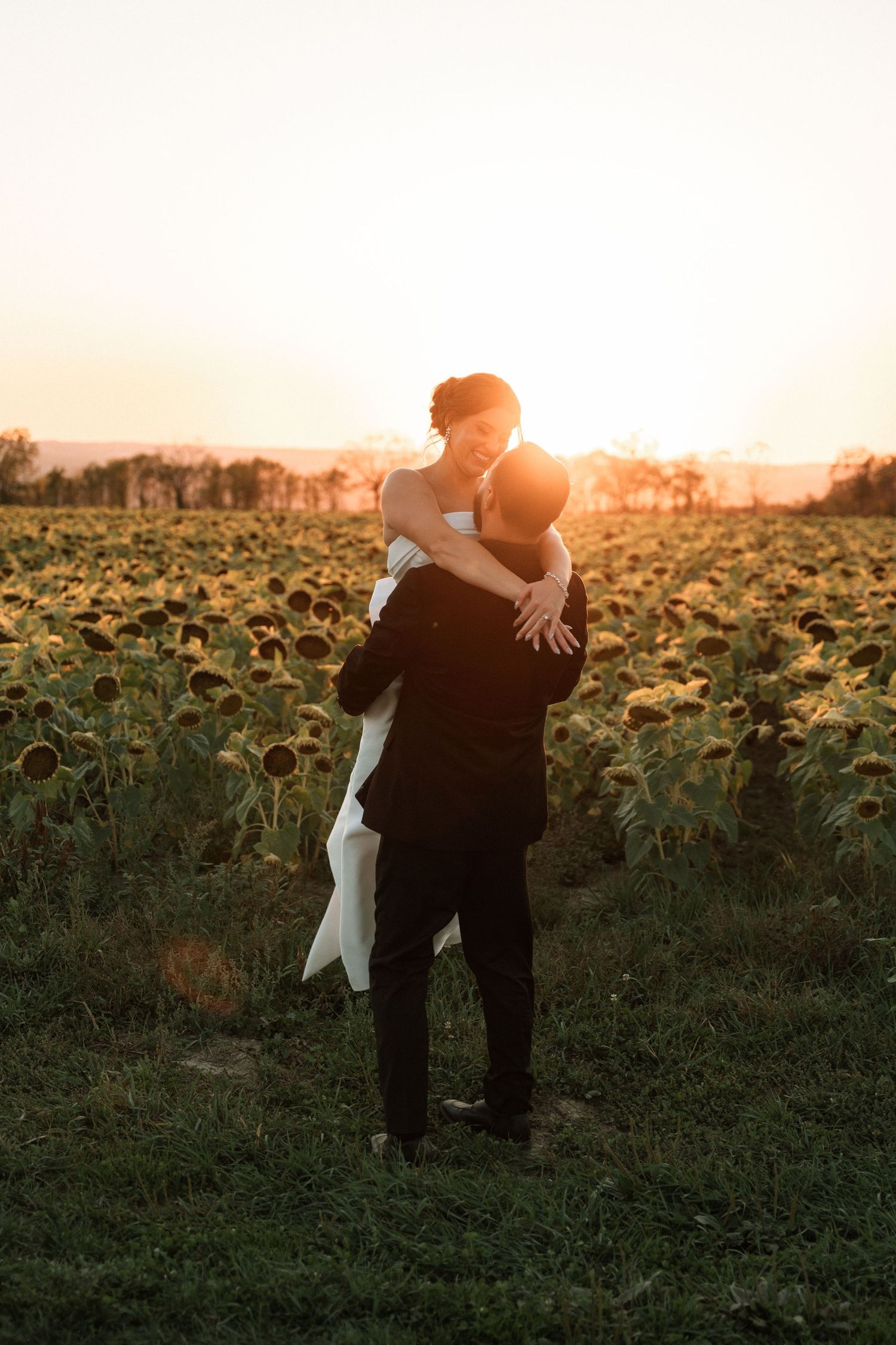 A couple embraces in a sunlit sunflower field during golden hour creating a romantic silhouette against the sunset.