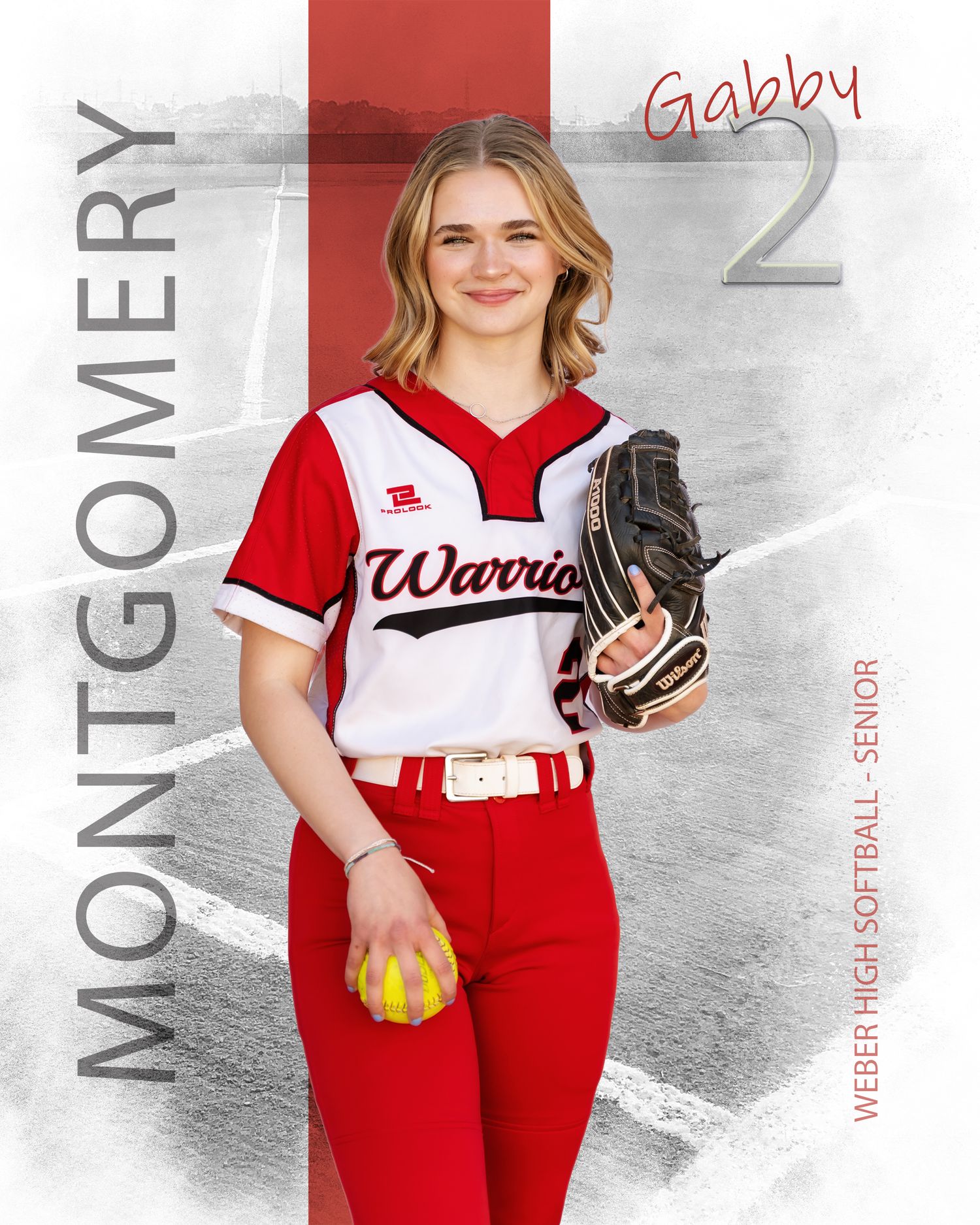 Gabby Montgomery, Weber High School softball senior, number 2, poses in red and white Warriors uniform holding glove and softball.