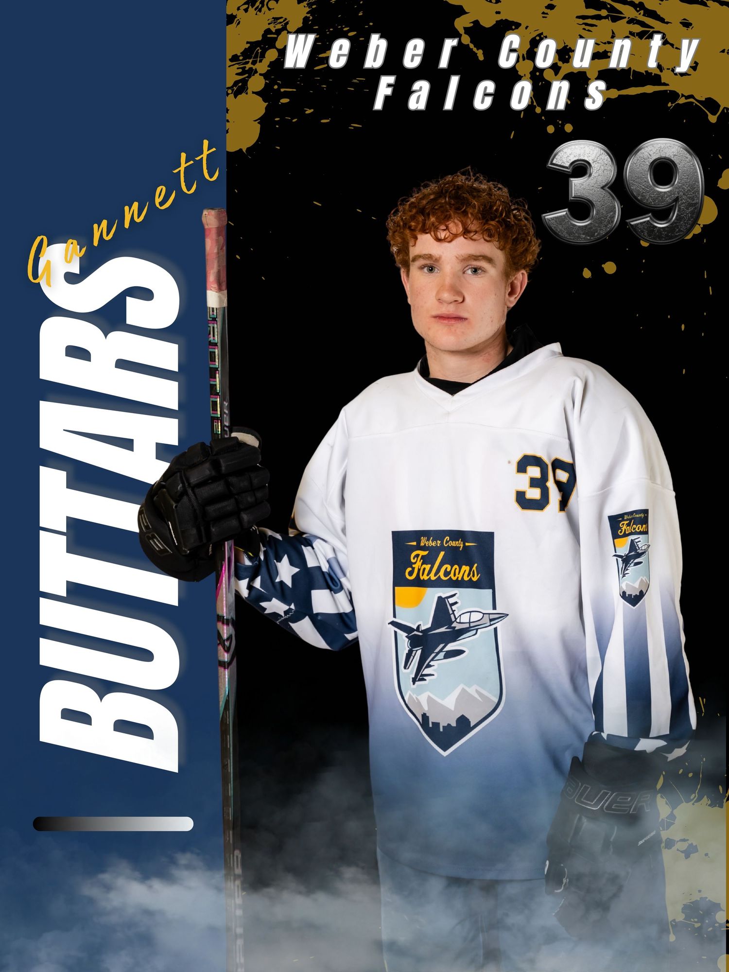 Weber County Falcons hockey player Gannett Buttars, number 39, poses in white jersey holding a stick.