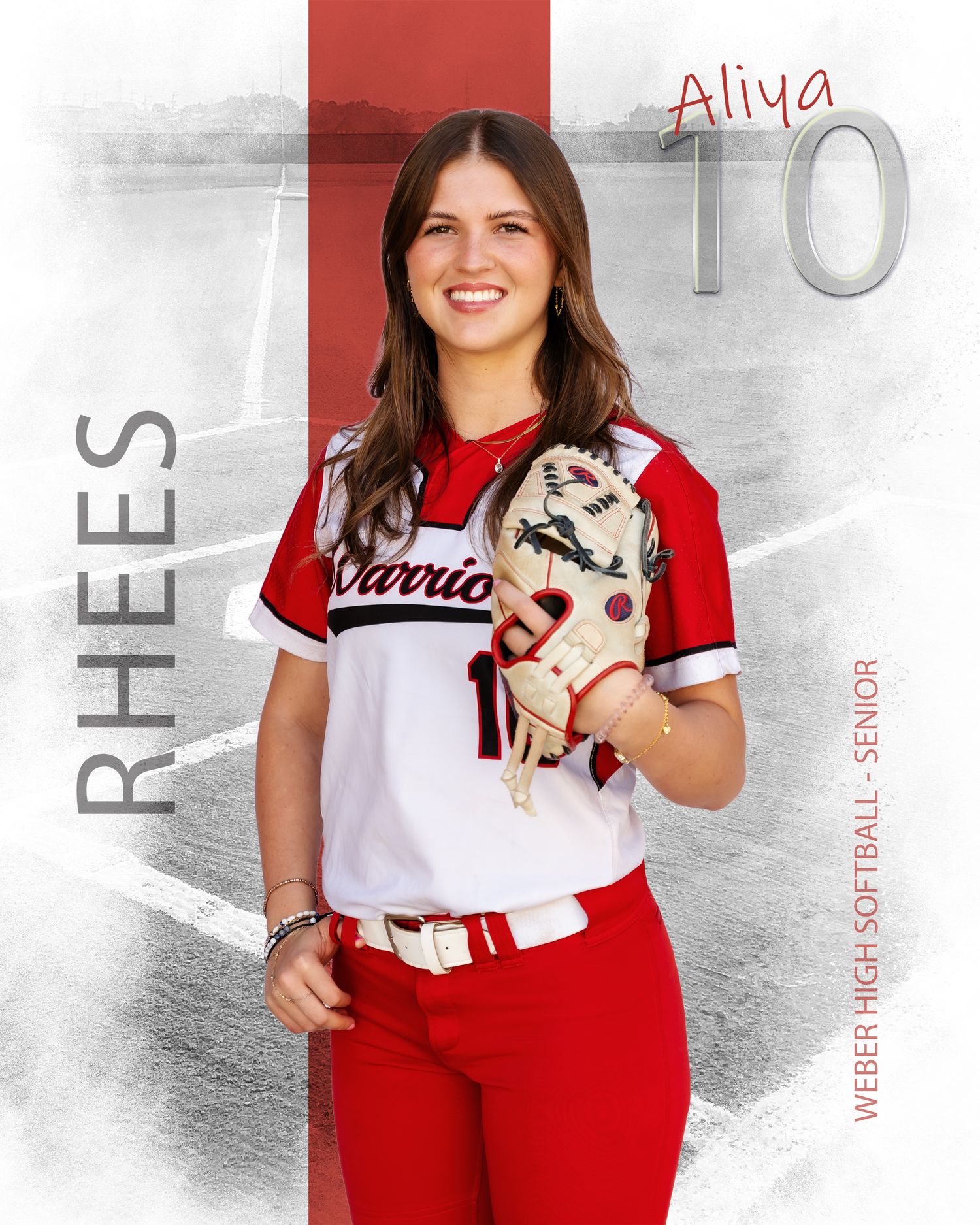 Weber High School senior softball player Aliya Rhees, number 10, poses in red and white Warriors uniform holding glove.