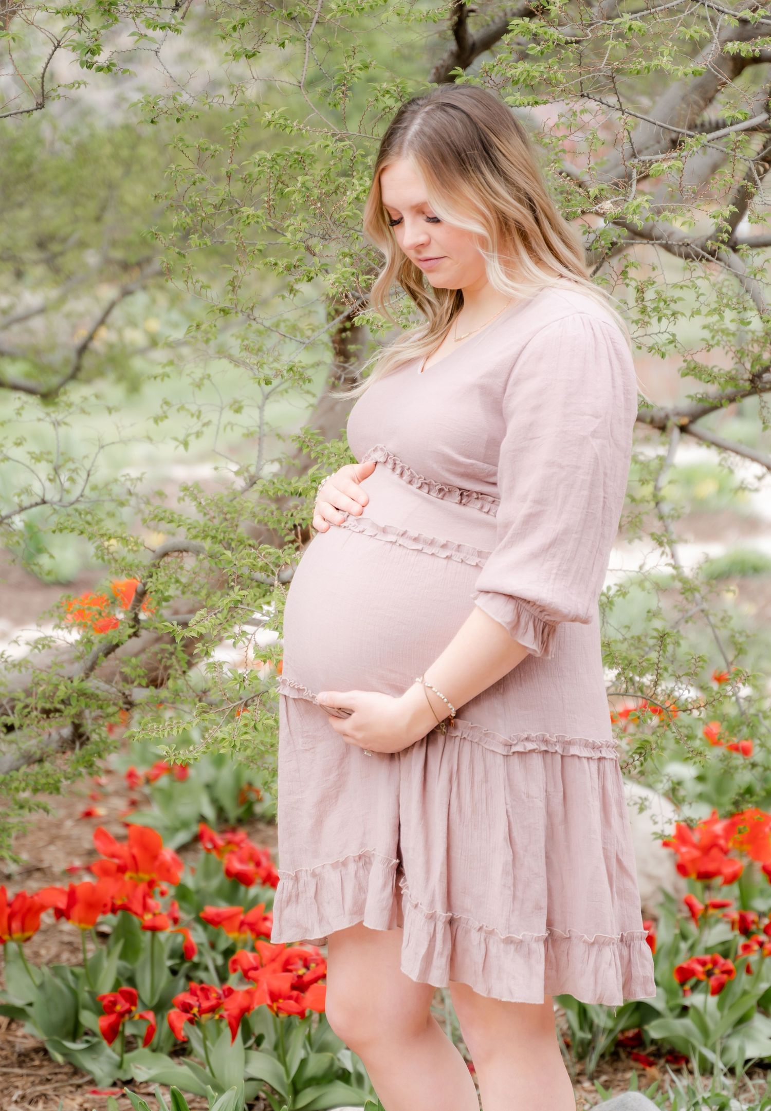 Curated maternity session with gown and stunning lush landscape.  Ogden Botanical Gardens, Ogden, Utah. Northern Utah Photographer.