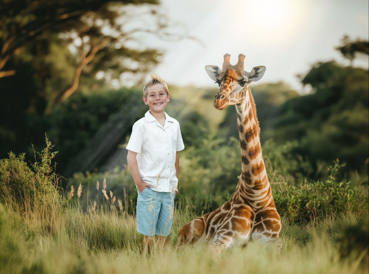 Fairytale Session for a young boy in a field with a giraffe at The Monarch. Northern Utah Photographer