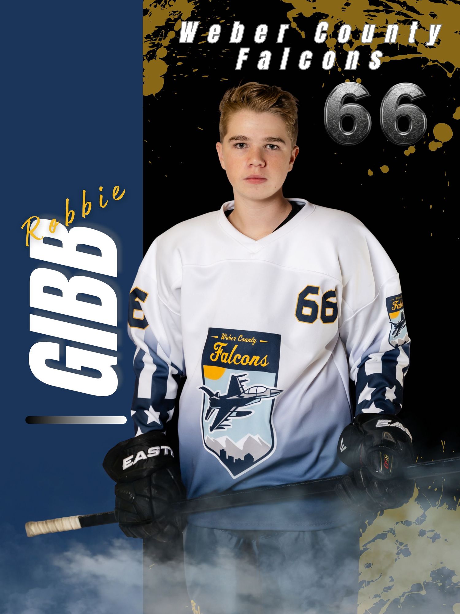 Weber County Falcons hockey player Robbie Gibb wearing jersey number 66 poses for an official team portrait photo.