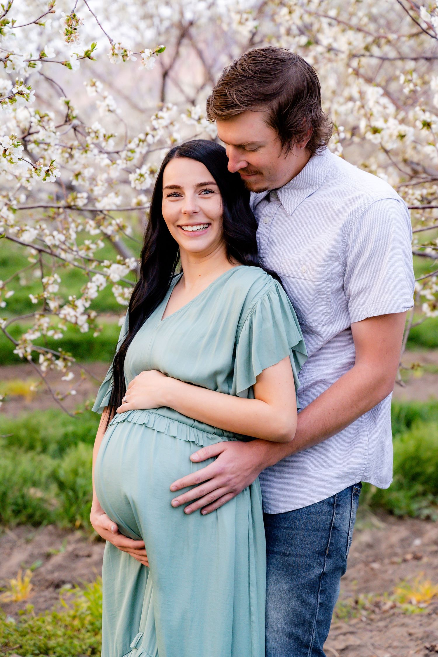 Curated maternity session with gown and stunning cherry orchard.  Willard, Utah. Northern Utah Photographer.