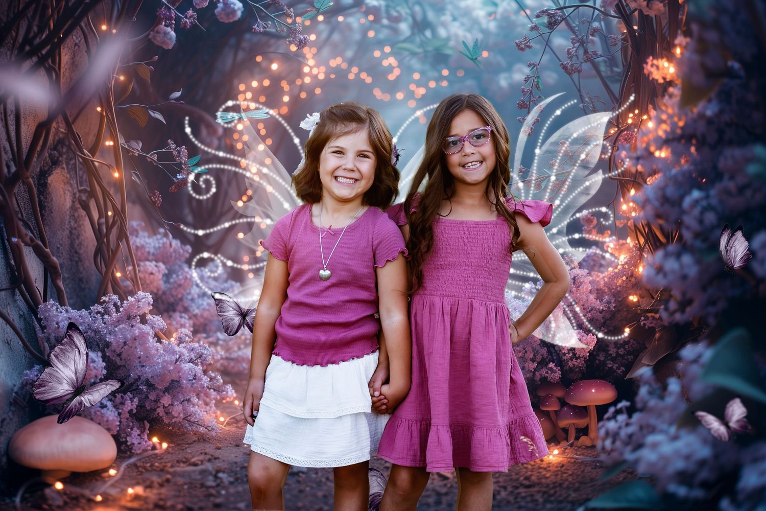 Two young girl in a fairytale session with wings on a swing taken in studio at The Monarch. Northern Utah Photographer