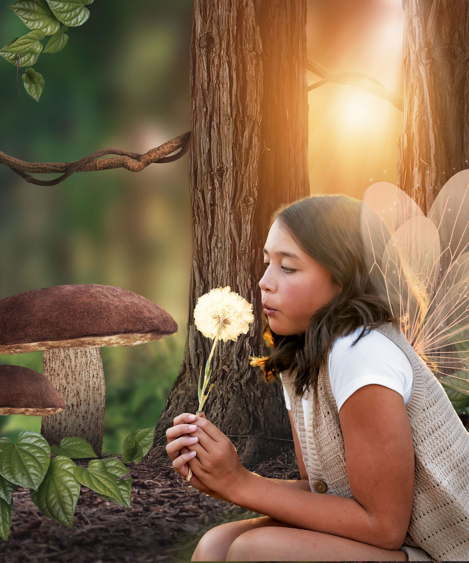 Young girl in a fairytale session with wings blowing a dandelion taken in studio at The Monarch. Northern Utah Photographer