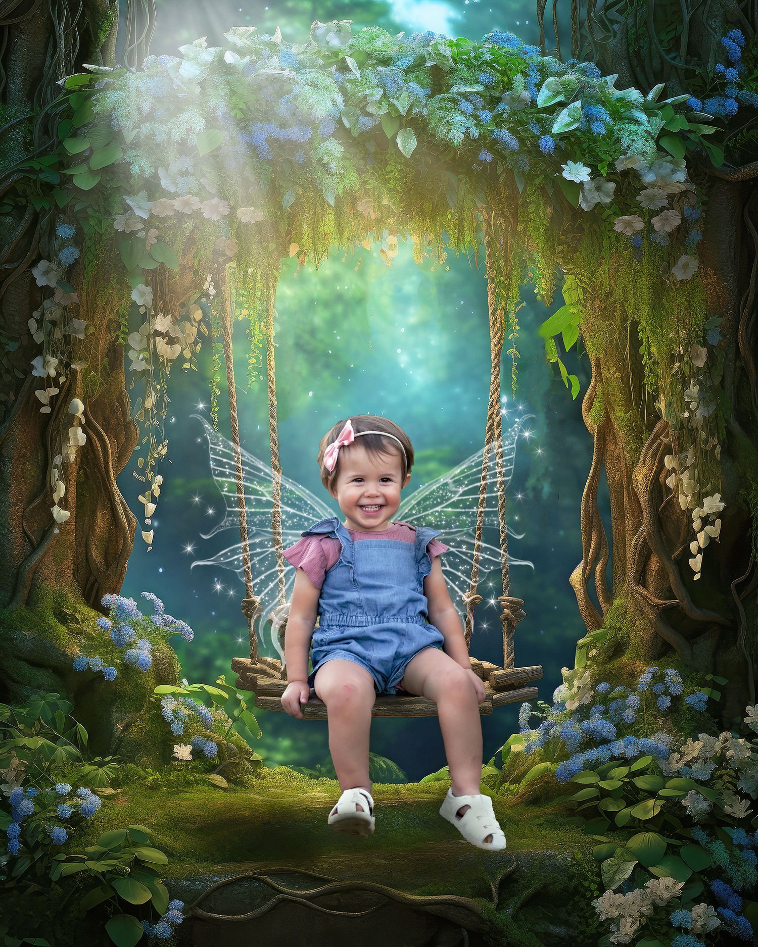 Young girl in a fairytale session with wings on a swing taken in studio at The Monarch. Northern Utah Photographer