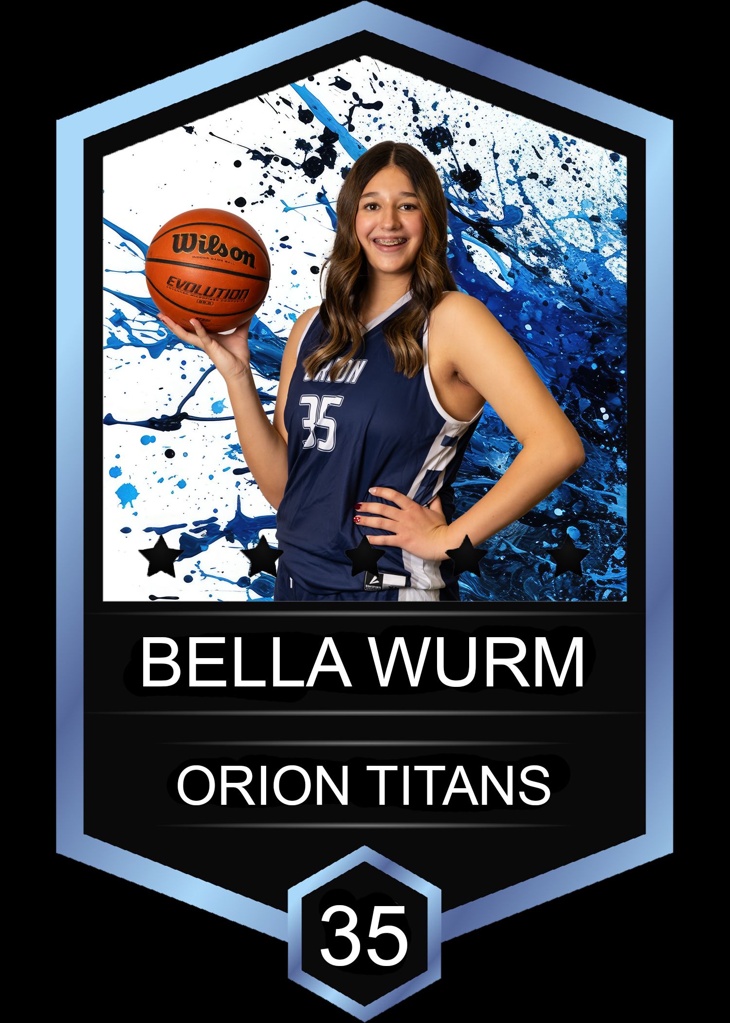 Bella Wurm, Orion Titans basketball player #35, poses with a Wilson basketball in her team jersey on a sports trading card.