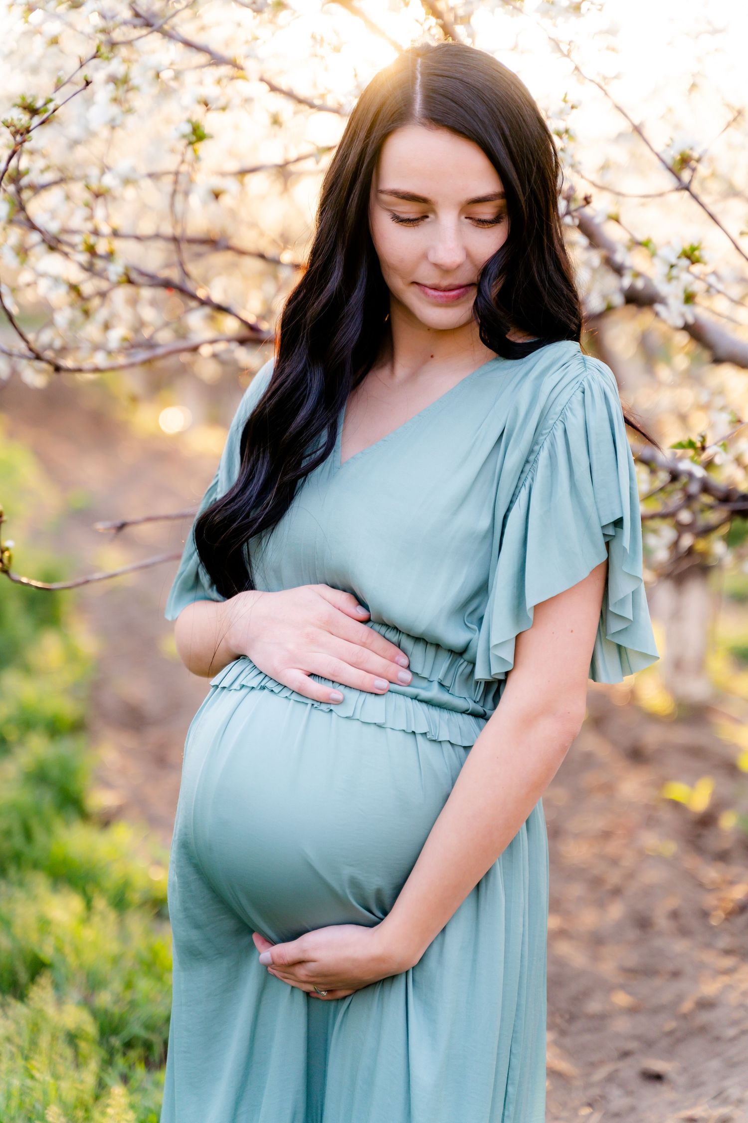 Curated maternity session with gown and stunning cherry orchard.  Willard, Utah. Northern Utah Photographer.