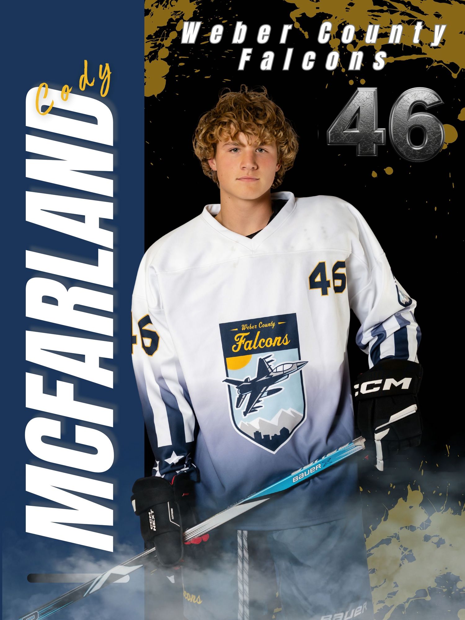 Weber County Falcons hockey player Cody McFarland, number 46, poses in white jersey holding a stick.