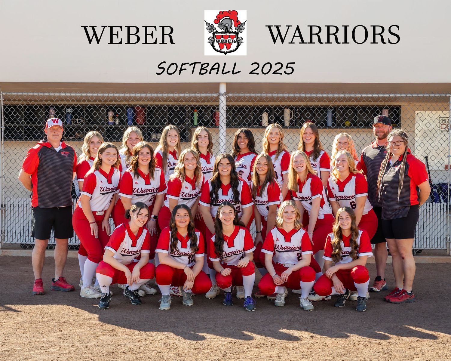 Weber Warriors Softball 2025 team photo featuring players in red and white uniforms posed together on a softball field.