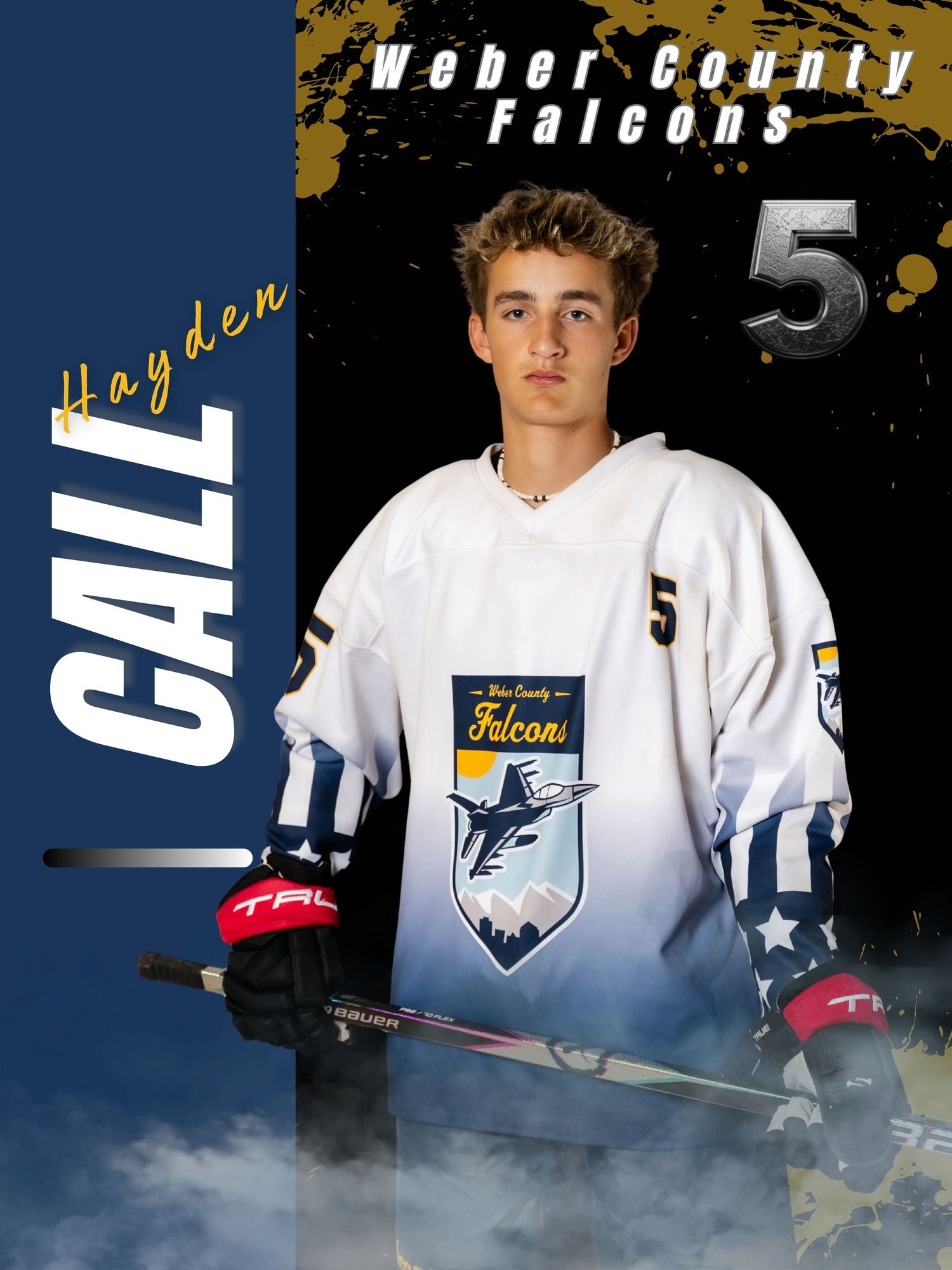 Weber County Falcons hockey player Hayden Call wearing jersey number 5 poses with a hockey stick in a professional sports portrait.