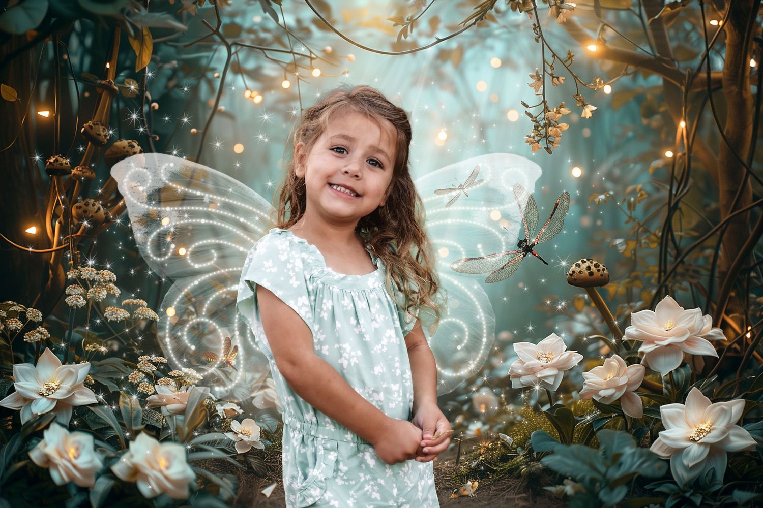 Young girl in a fairytale session with wings in a field of flowers taken in studio at The Monarch. Northern Utah Photographer