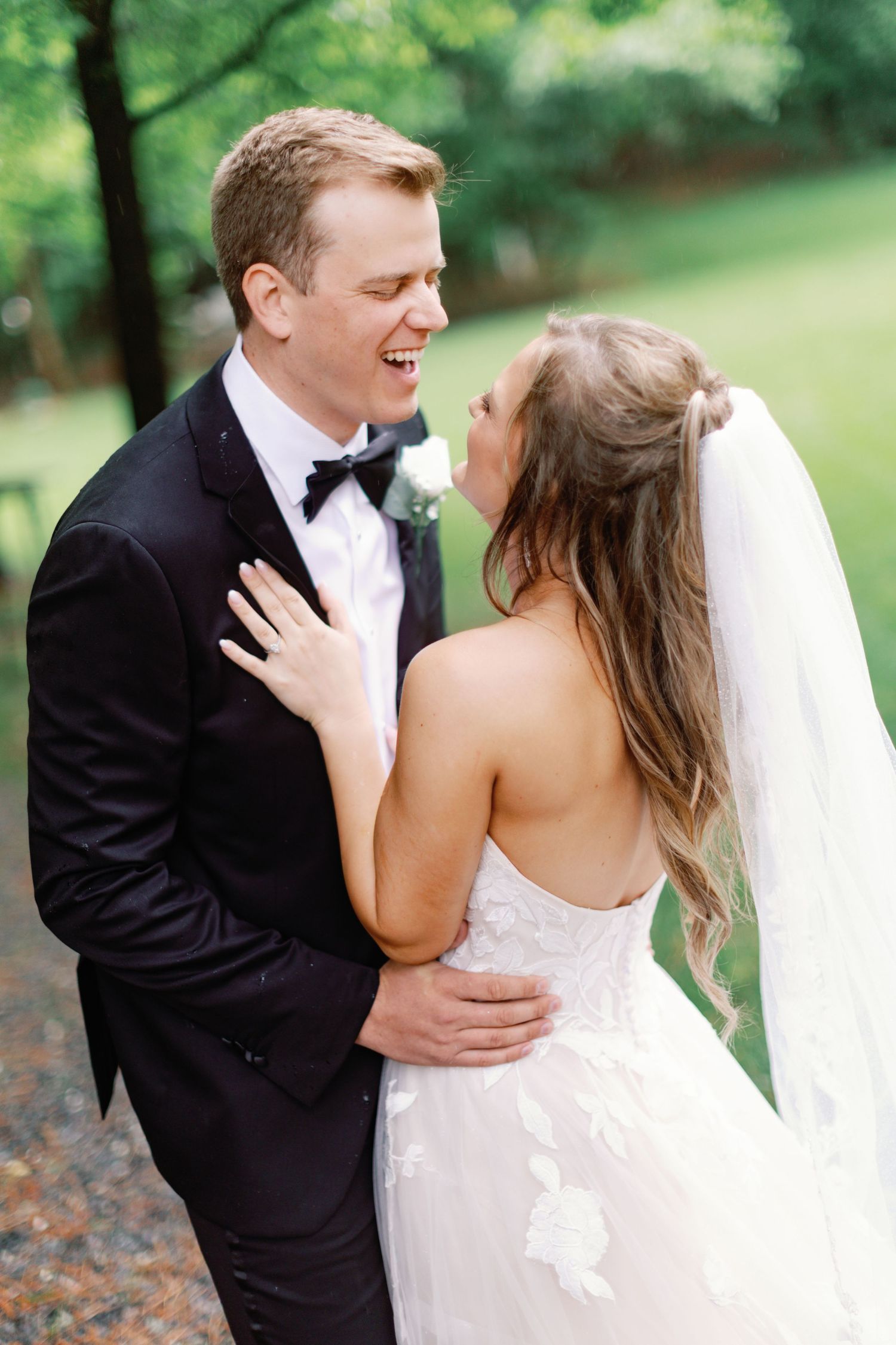 Joyful wedding photo sequence in garden setting with couple in formal attire.